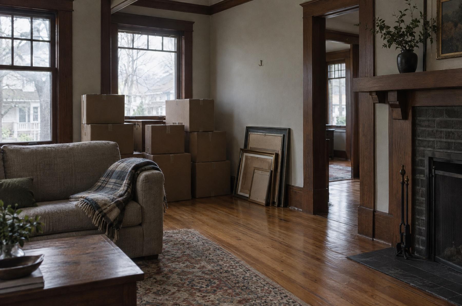 A craftsman living room mid-move, plain cardboard boxes stacked by the windows and framed pictures leaning against the wall