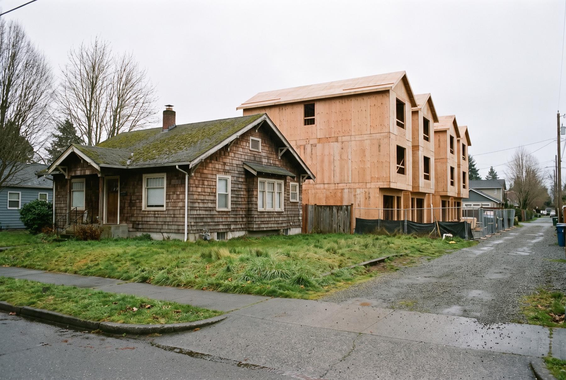 A shingled 1920s bungalow on a deep lot beside new townhouses in bare plywood framing, with a gravel alley alongside