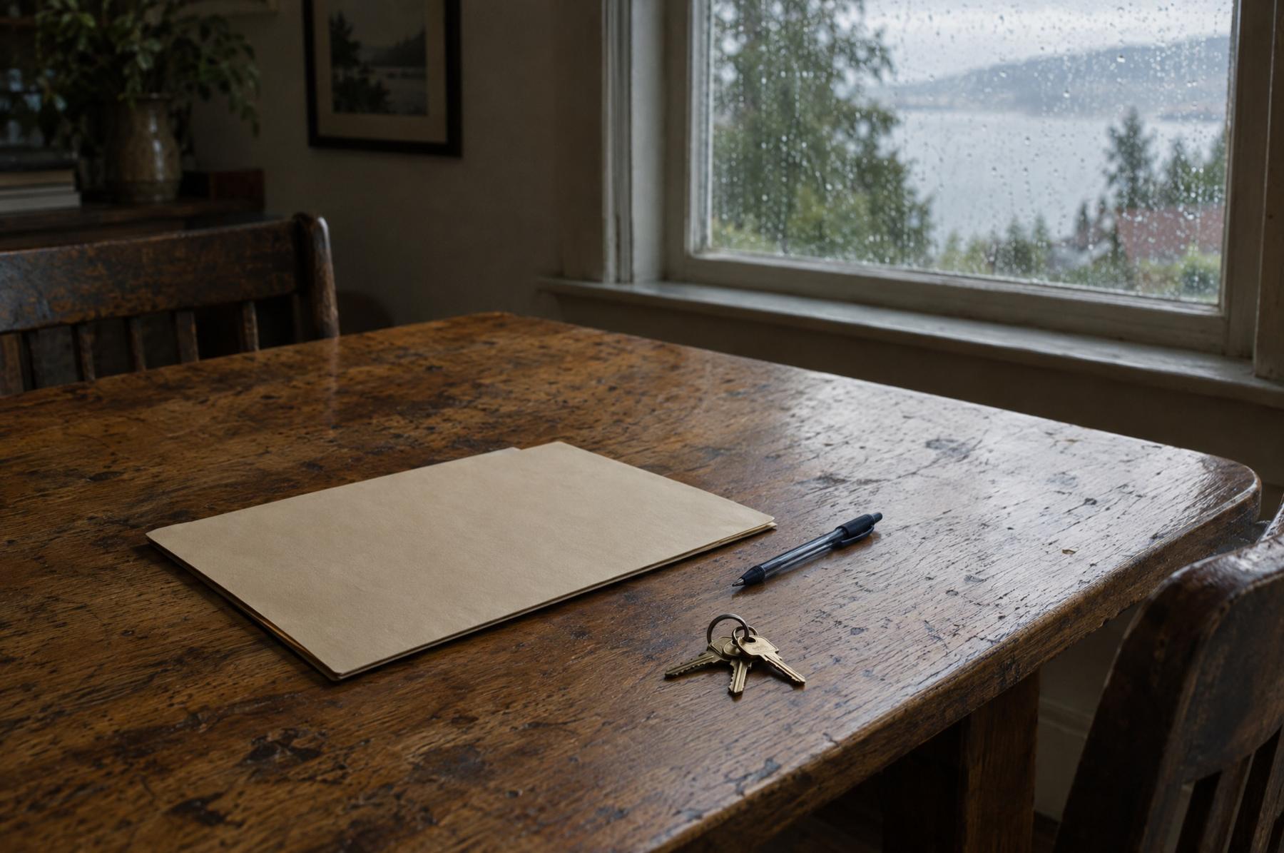 A plain manila folder, a pen and a ring of brass house keys on a worn oak table beside a rain-streaked window