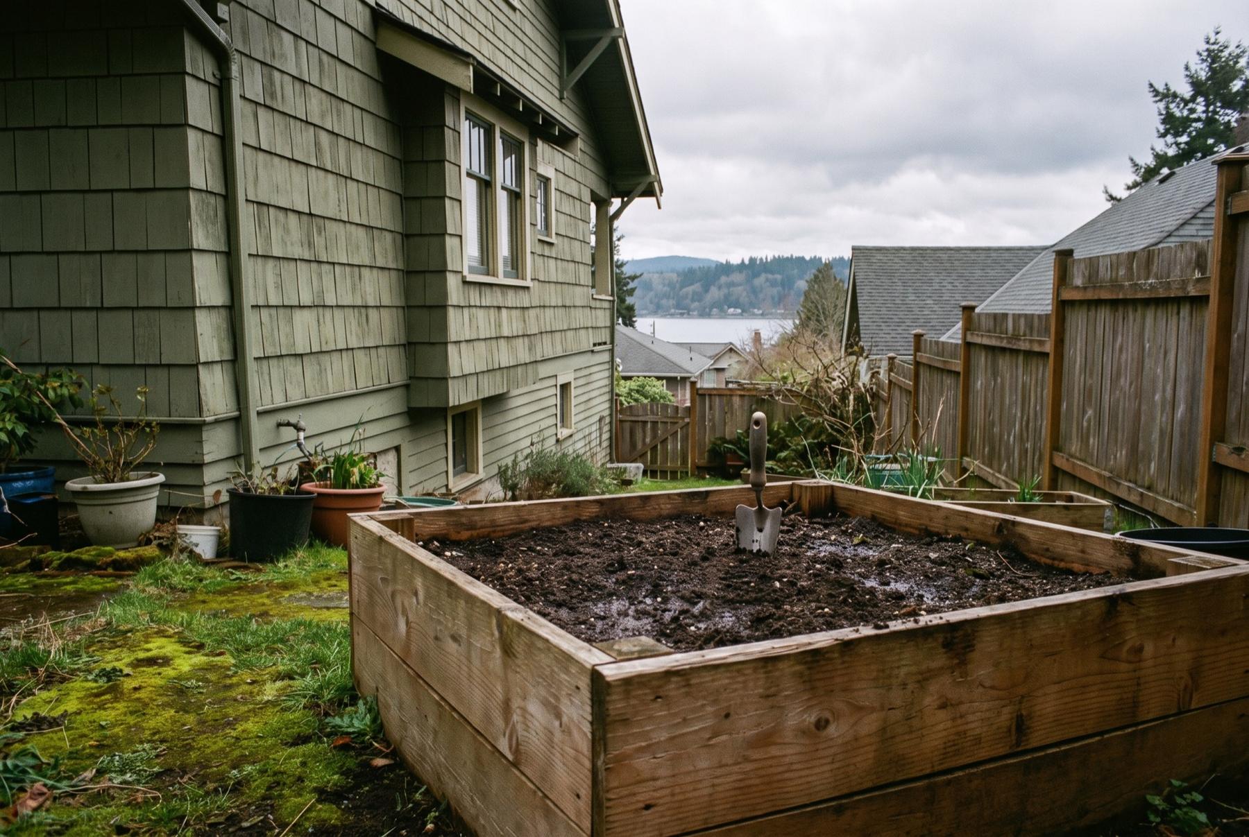 A raised cedar garden bed of freshly turned soil behind a shingled craftsman house, with open water beyond the rooftops