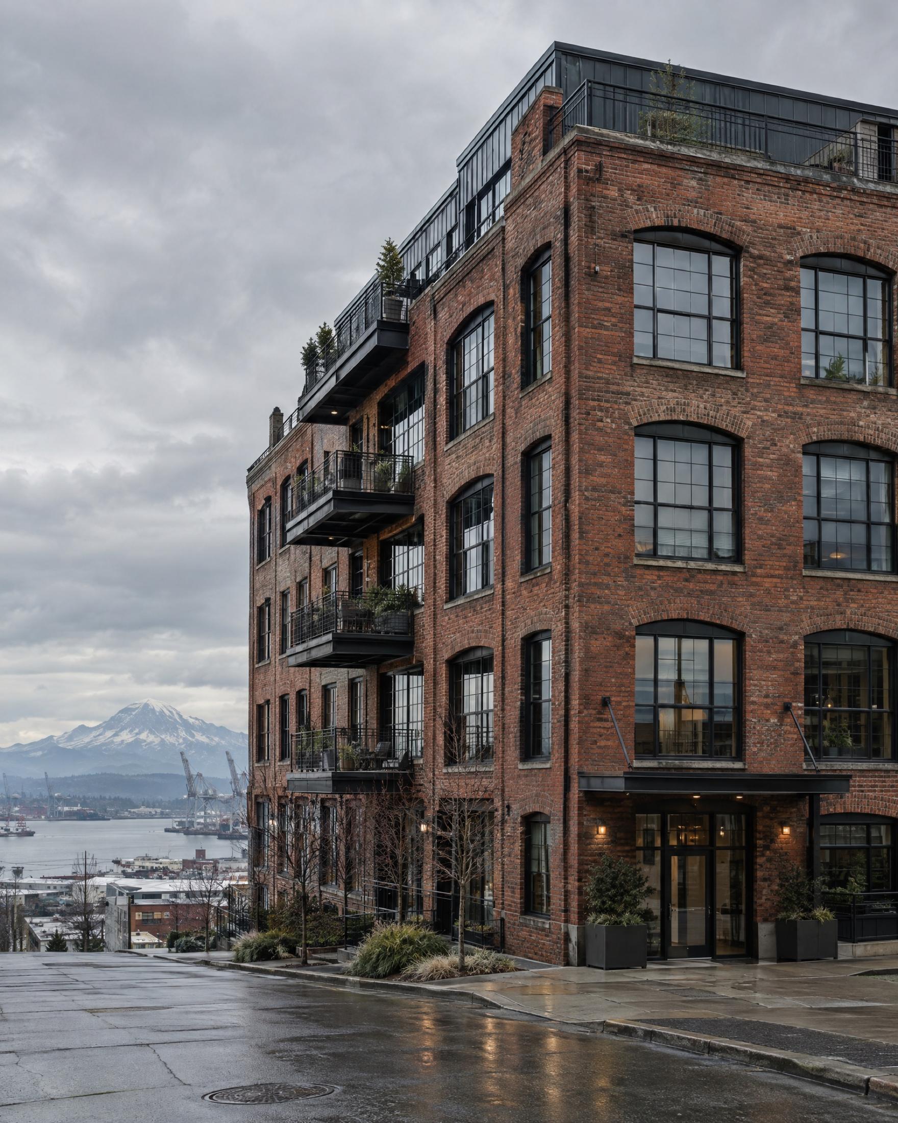 Brick warehouse converted to lofts with arched steel windows and black steel balconies on a wet street, a snowcapped mountain and port cranes in the distance