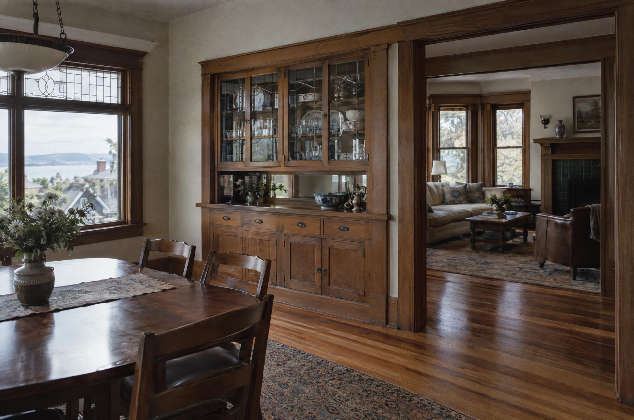 Dining room of an early 1900s house with original fir floors, a built-in glass-front china cabinet, and a wide cased opening into the living room