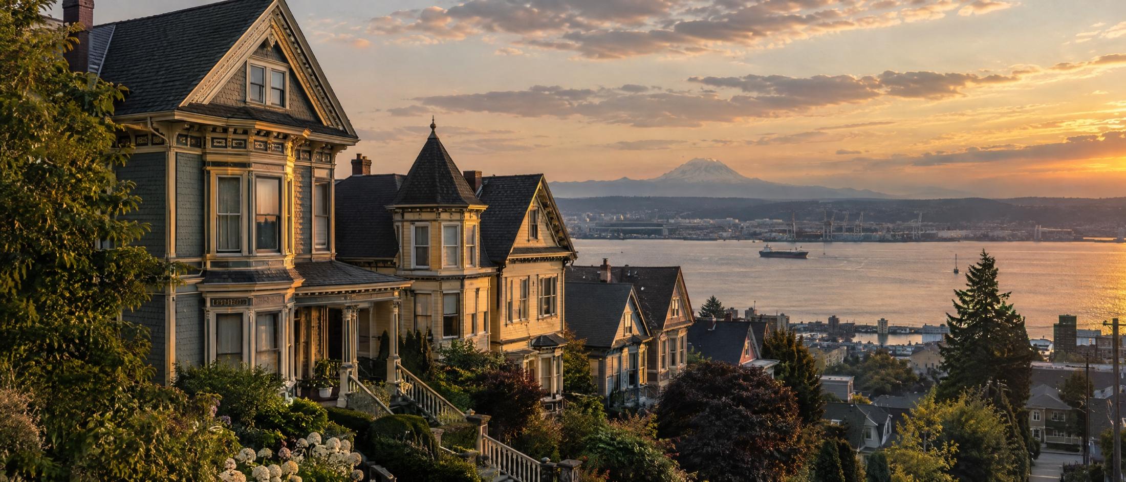 Victorian houses with a turret and steep gabled roofs on a hillside at sunset, looking out over the bay to the port and a snowcapped mountain