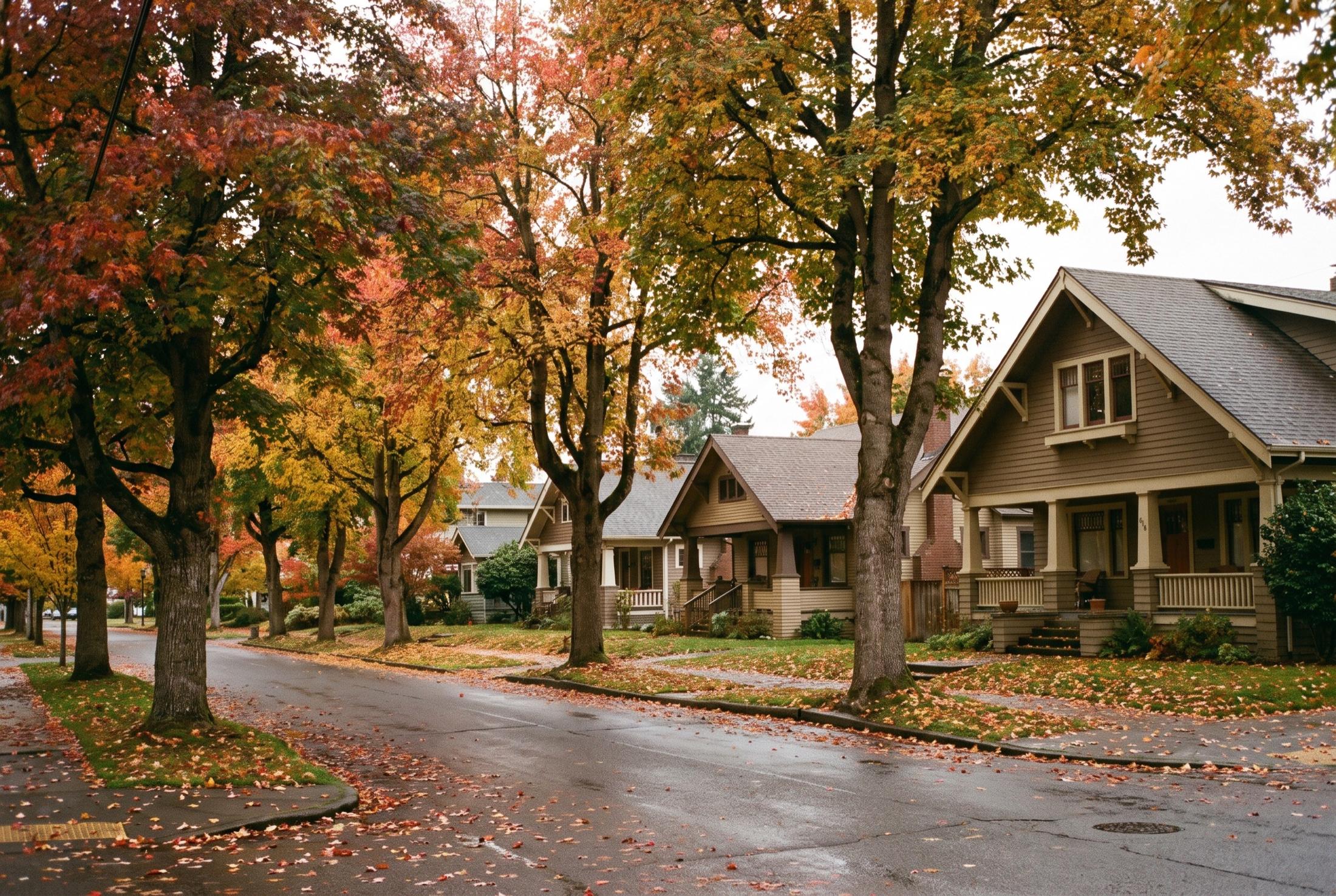 Wet residential street lined with maples in fall color and Craftsman bungalows with deep front porches, leaves scattered on the pavement