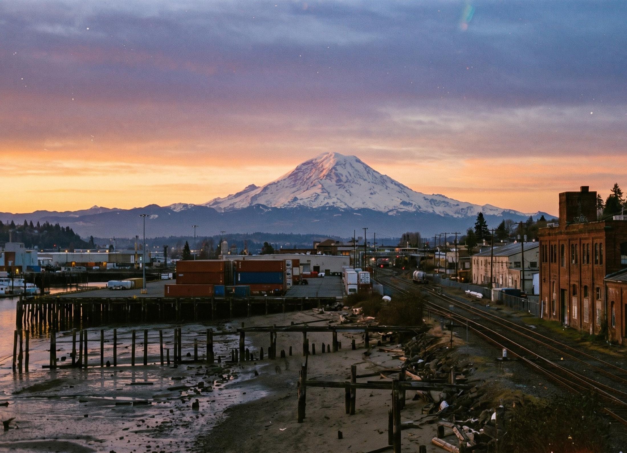 A snowcapped mountain at sunrise above industrial tideflats, with old pier pilings in the mud, stacked shipping containers, rail lines, and a brick industrial building